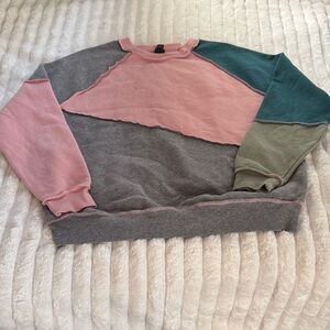 Colorblock Crewneck Sweater - Pink, Gray, Green